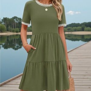 🌿 Boho Breeze! Army Green Tiered Dress | Pockets + Striped Trim | Size S